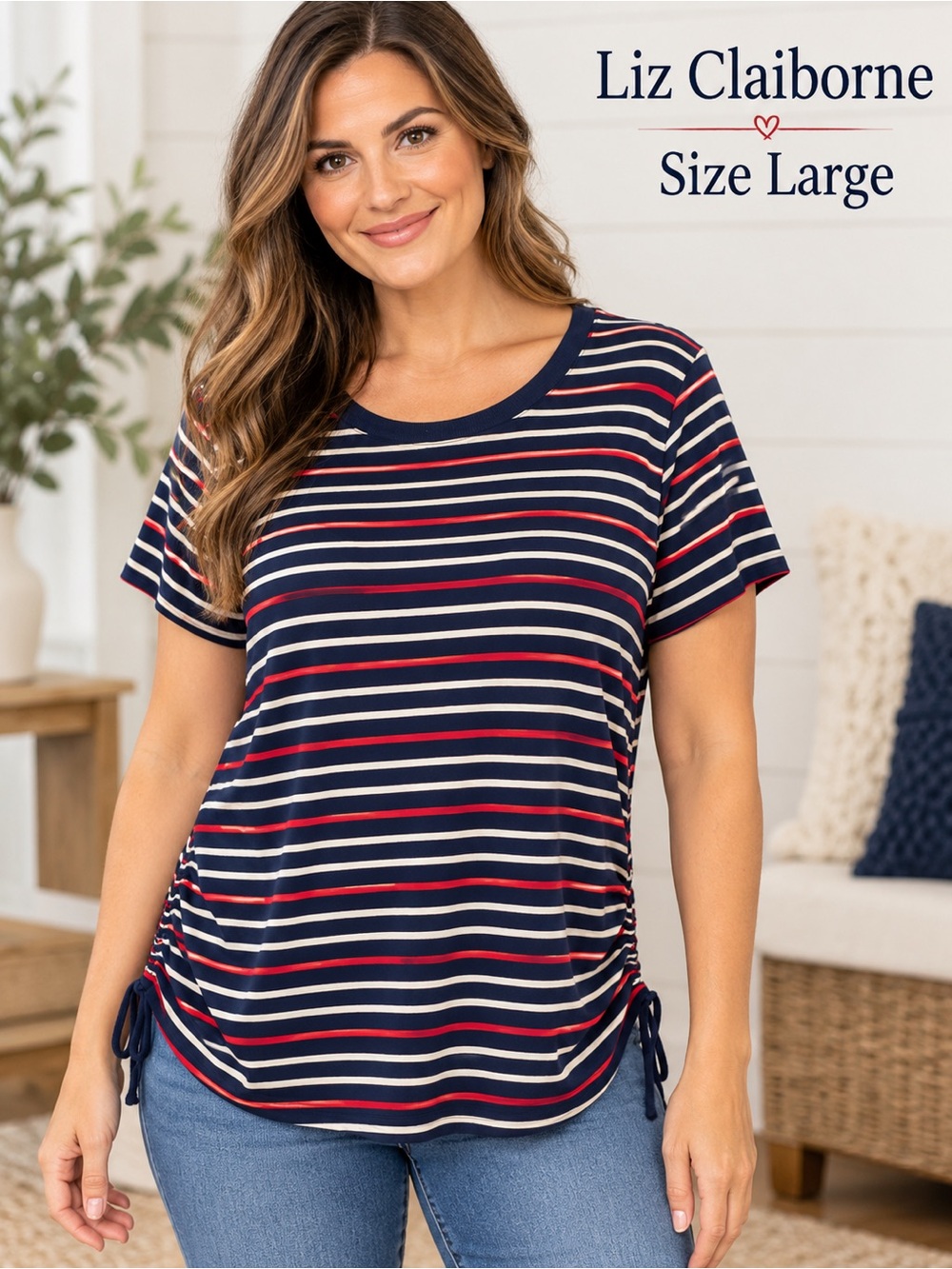 Liz Claiborne Women’s Large Navy Red White Striped cinched sides cap sleeve Tee